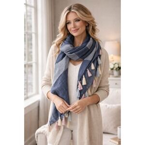 Chico's Blue & White Tapestry Tassel Scarf NWT | Coastal Cotton Wrap